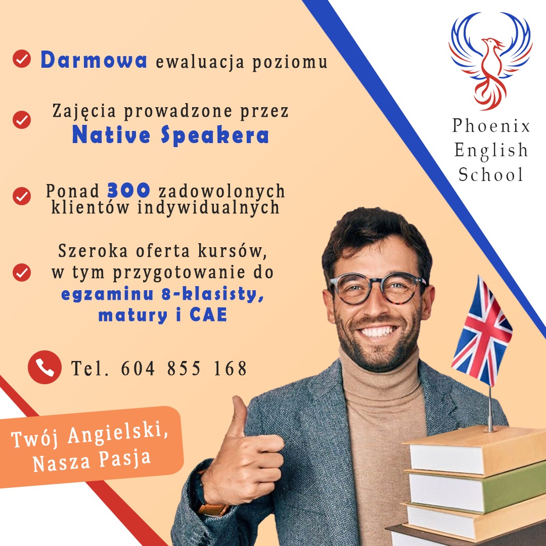 Reklama szkoły językowej w Warszawie: uśmiechnięty lektor z kciukiem w górę, flaga Wielkiej Brytanii wbita w stos książek, informacje o darmowej ewaluacji i zajęciach z native speakerami.