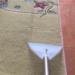 Clean House Jaworski Przemysław - Czyszczenie dywanu z dziecięcym wzorem za pomocą odkurzacza piorącego z przezroczystą końcówką i metalową rurą, widoczny fragment brązowej podłogi.