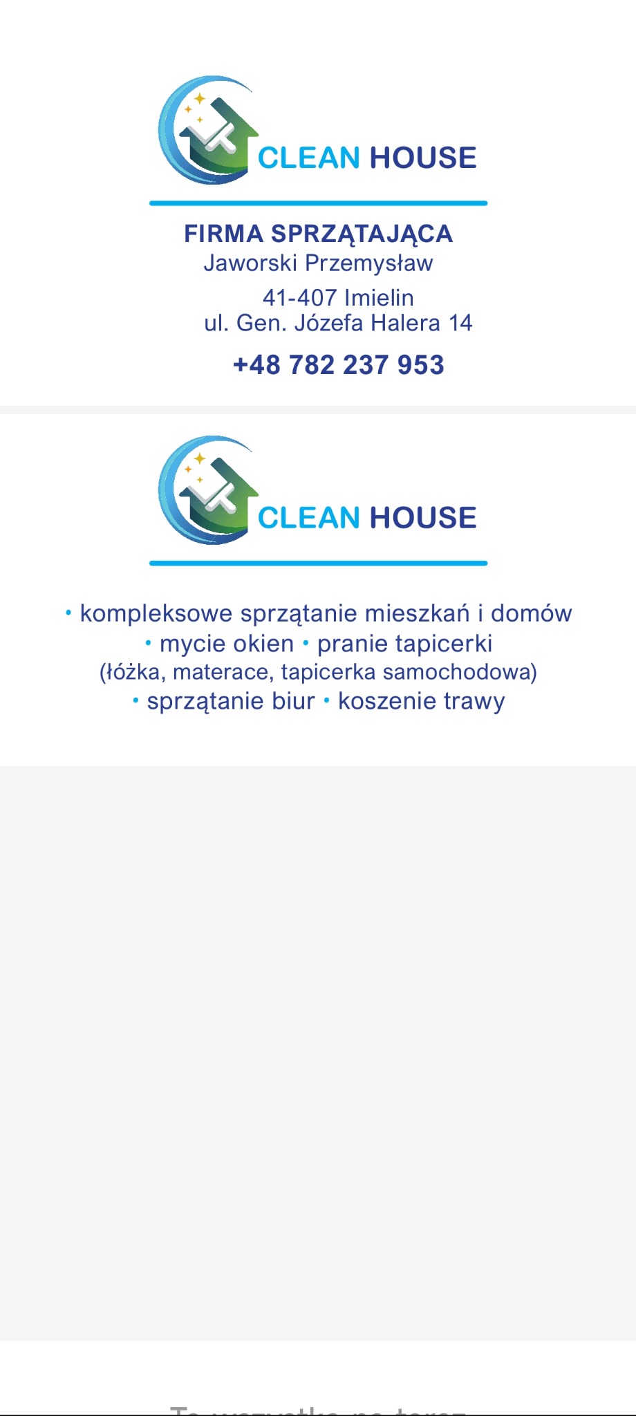 Wizytówka firmy sprzątającej Clean House z logo przedstawiającym dom z narzędziem do malowania, adres, numer telefonu i listę usług.
