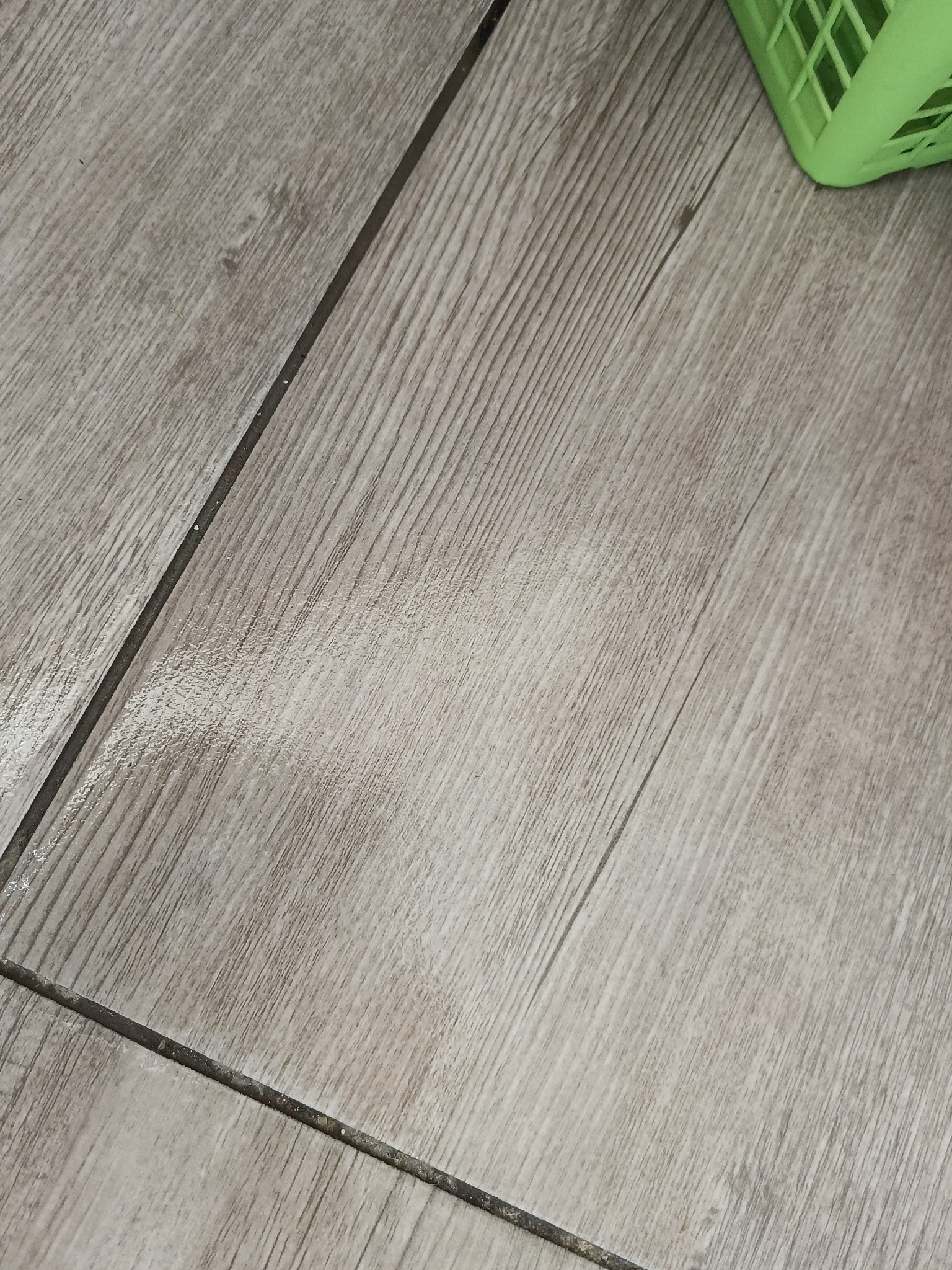 Jasnoszara podłoga z paneli imitujących drewno, ułożonych ukośnie, z fragmentem zielonego koszyka w prawym górnym rogu. Widoczne fugi między panelami.