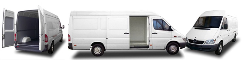 Trzy ujęcia białego busa dostawczego Mercedes-Benz Sprinter na białym tle: tył z otwartymi drzwiami, bok z otwartymi drzwiami przesuwnymi i przód z widocznym logo.