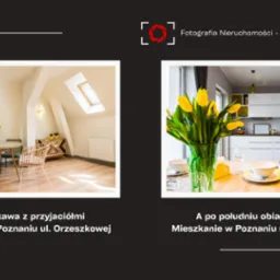 Dwa ujęcia wnętrz: pierwsze przedstawia poddasze z oknem dachowym, okrągłym stołem i wiklinowymi krzesłami; drugie ukazuje stół z żółtymi tulipanami w wazonie i widokiem na białą kuchnię.