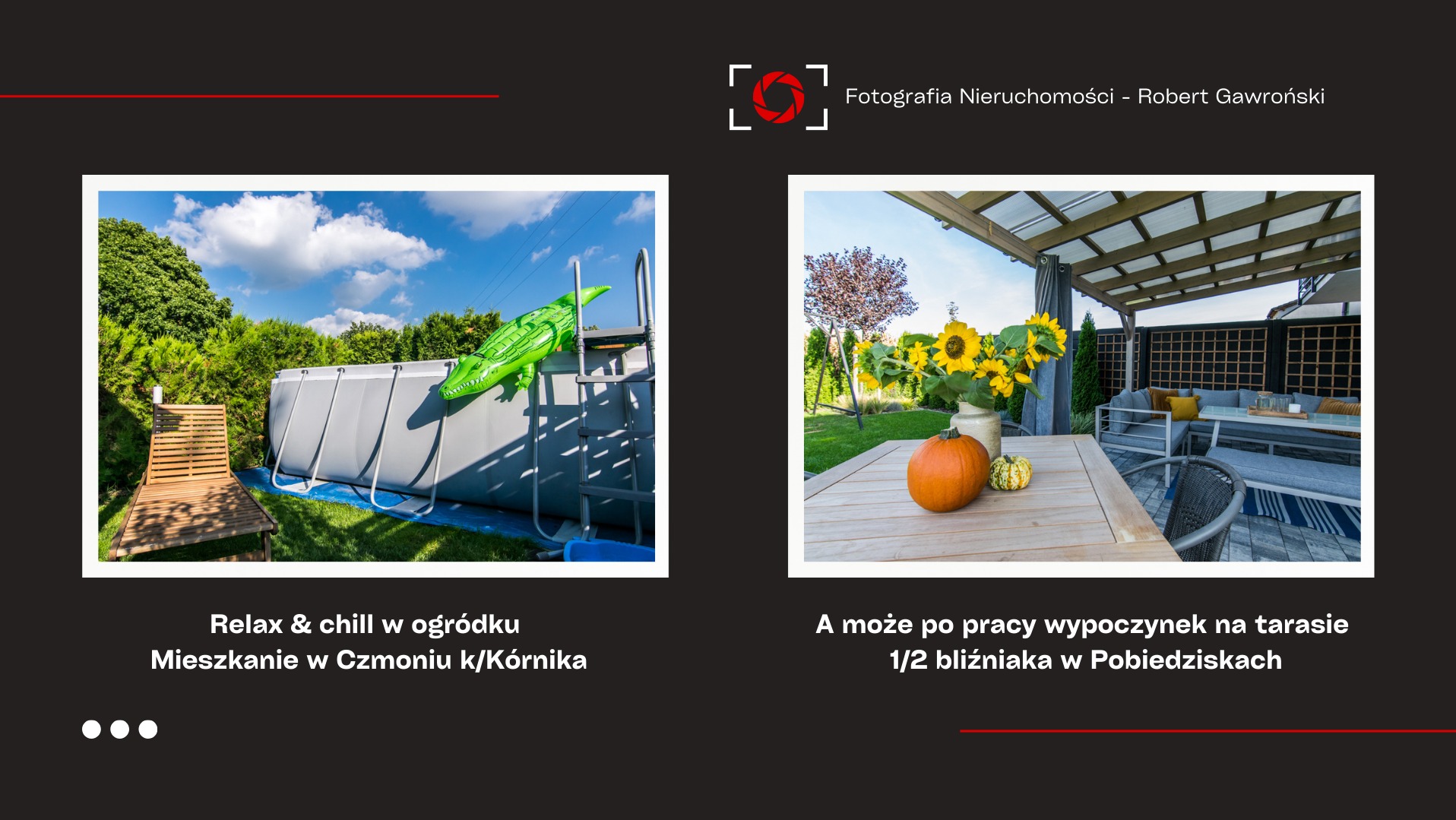 Dwa ujęcia: basen ogrodowy z dmuchanym krokodylem i leżakiem obok oraz taras z drewnianym stołem, dyniami i bukietem słoneczników, widok na meble ogrodowe pod zadaszeniem.