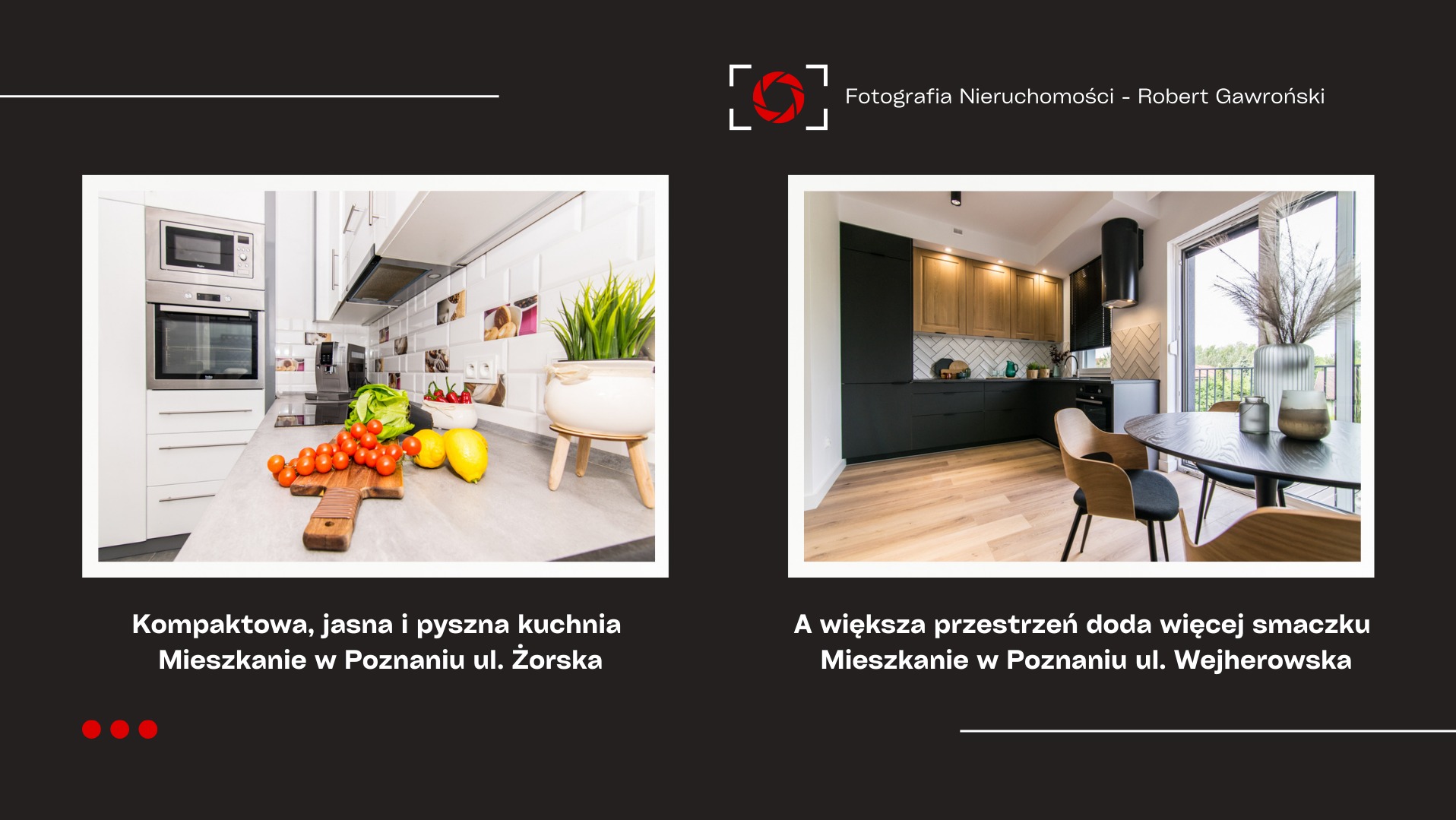 Dwie aranżacje kuchni w mieszkaniu: po lewej jasna kuchnia z drewnianą deską z pomidorami i cytrynami na blacie, po prawej kuchnia z czarnymi szafkami i drewnianymi frontami, okrągły stół...