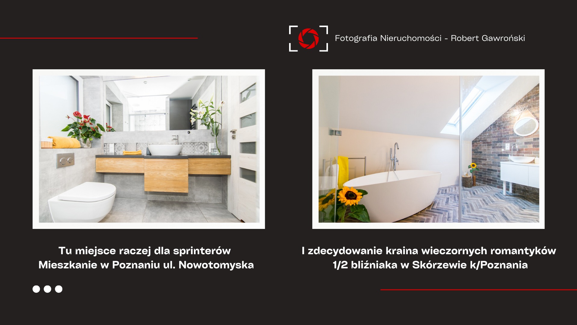 Dwa ujęcia łazienek: po lewej nowoczesna toaleta z drewnianą szafką pod umywalką i kwiatami, po prawej wanna wolnostojąca przy szklanej ściance, ceglana ściana i umywalka na tle okna dachowego.