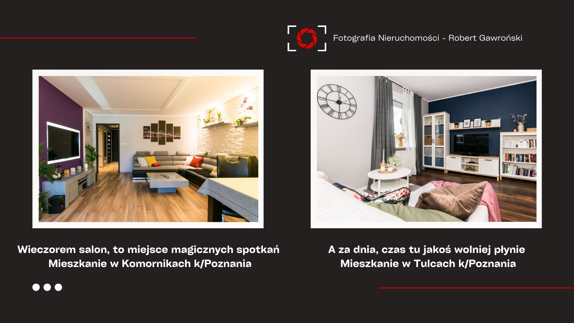 Dwa wnętrza mieszkań: salon z fioletową ścianą i narożnikiem oraz sypialnia z granatową ścianą, białymi meblami i dużym zegarem na ścianie.