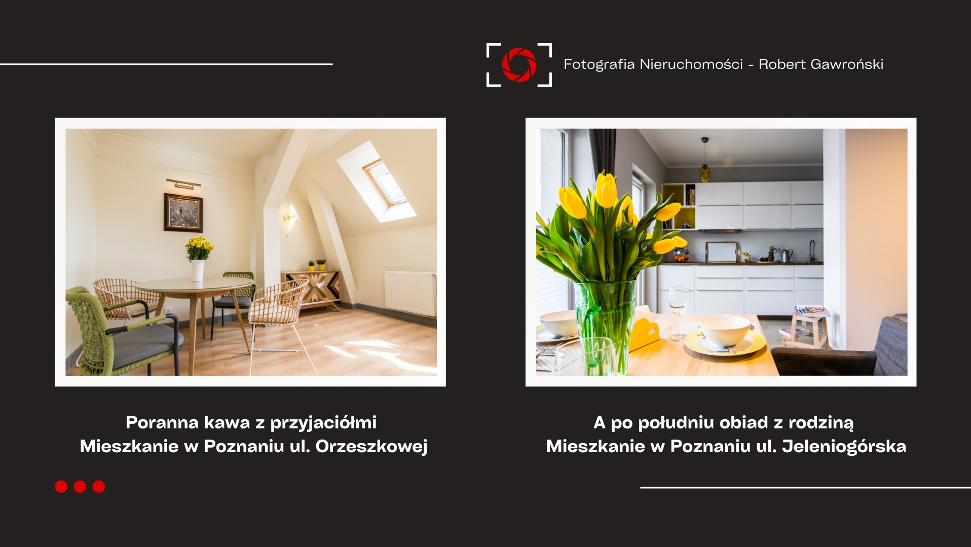 Dwa ujęcia wnętrz: pierwsze przedstawia poddasze z oknem dachowym, okrągłym stołem i wiklinowymi krzesłami; drugie ukazuje stół z żółtymi tulipanami w wazonie i widokiem na białą kuchnię.