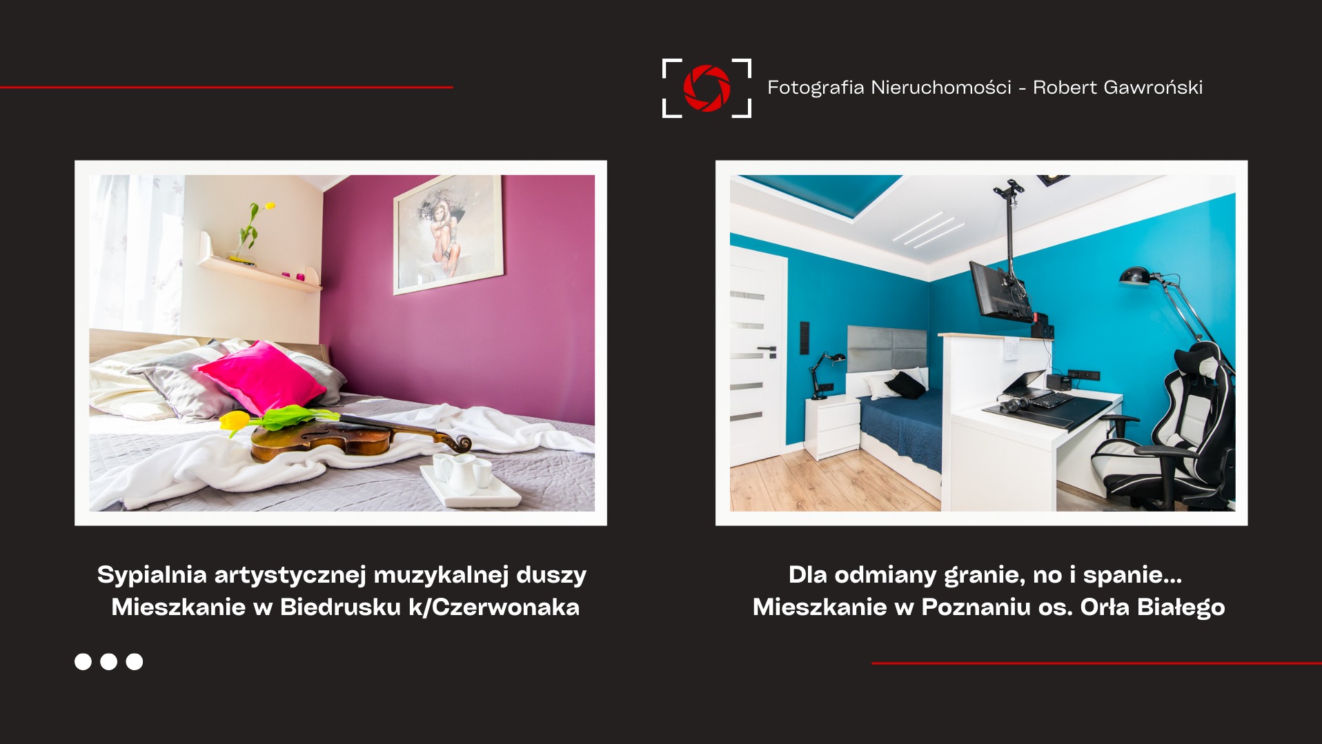 Dwa ujęcia sypialni: jedna z fioletową ścianą, skrzypcami i poduszką, druga z turkusową ścianą, biurkiem gamingowym i krzesłem.