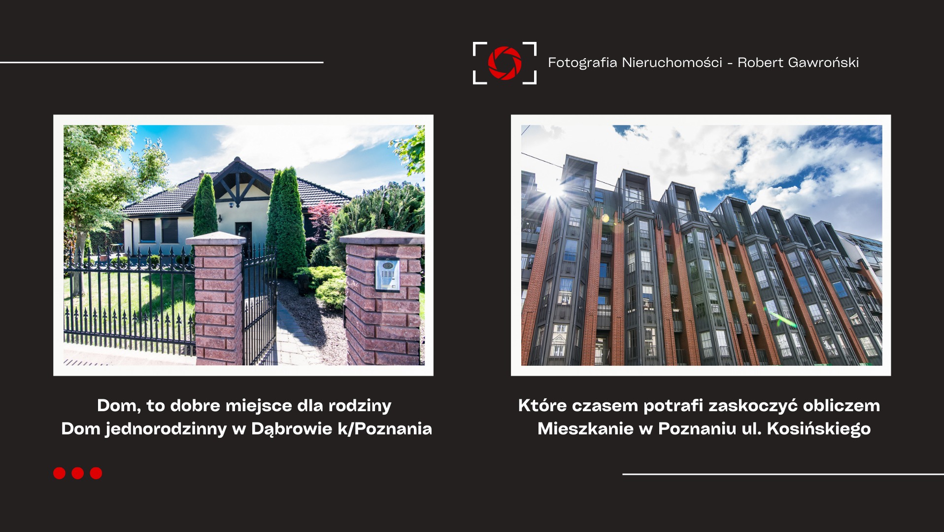 Zestawienie zdjęć: dom jednorodzinny z ceglanym ogrodzeniem i nowoczesny budynek mieszkalny z ceglaną elewacją w słoneczny dzień.