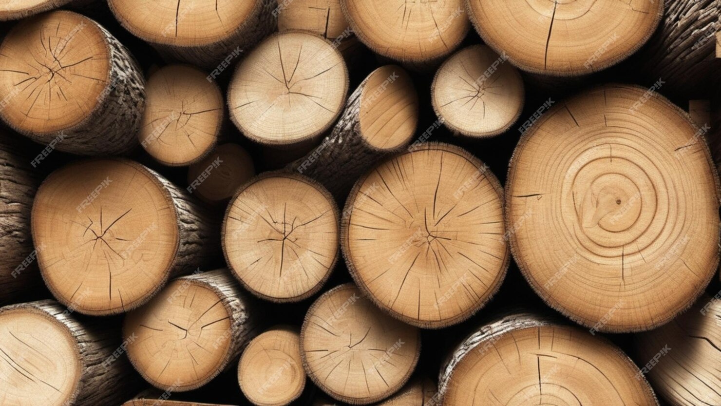 Stos okrąglaków drewna ułożonych jeden na drugim, widoczne słoje i kora.