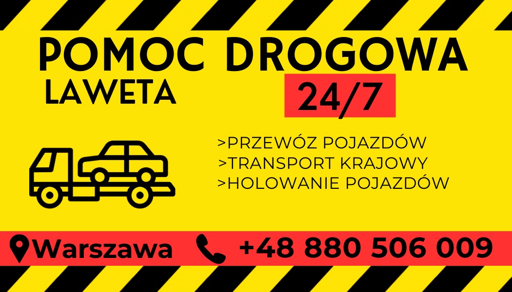 Żółto-czarny baner reklamowy z napisem 'Pomoc Drogowa' i ikoną ciężarówki transportującej samochód, informujący o dostępności 24/7, usłudze przewozu pojazdów, transporcie krajowym i holowaniu...