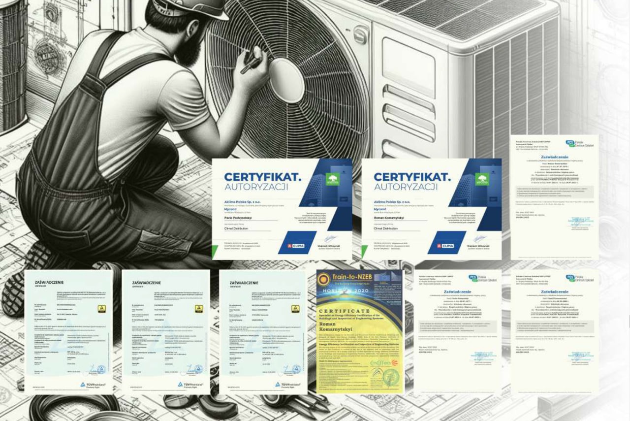 Grafika przedstawia instalatora w kombinezonie, pochylonego nad jednostką zewnętrzną klimatyzacji, obok leżą certyfikaty i zaświadczenia w szarościach.