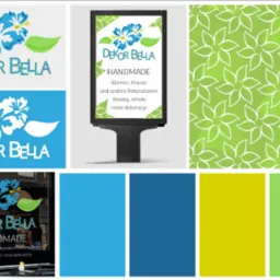 Kompozycja kolażu prezentująca różne wersje logo firmy Dekor Bella, w tym wersje kolorystyczne, umieszczenie na szybie witryny sklepowej oraz na billboardzie reklamowym.