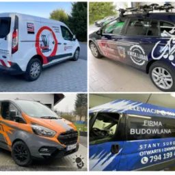 Kolaż czterech zdjęć pojazdów z reklamowymi okleinami: biały van z grafiką koparki, granatowe kombi z rowerem i logo, szary bus z pomarańczowymi akcentami i logo oraz niebieski van z reklamą firmy...