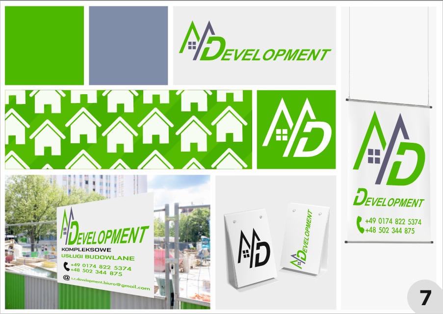 Kompozycja graficzna prezentująca logo firmy budowlanej 'AD Development' w różnych wariantach: baner reklamowy, wizytówka, tablica informacyjna na placu budowy, wzór z motywem domu i paleta kolorów.