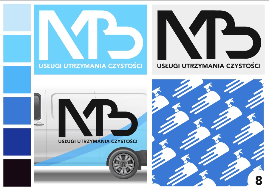 Projekt logo firmy sprzątającej: warianty kolorystyczne, logo na samochodzie firmowym, wzór z ikoną butelki ze spryskiwaczem na niebieskim tle.