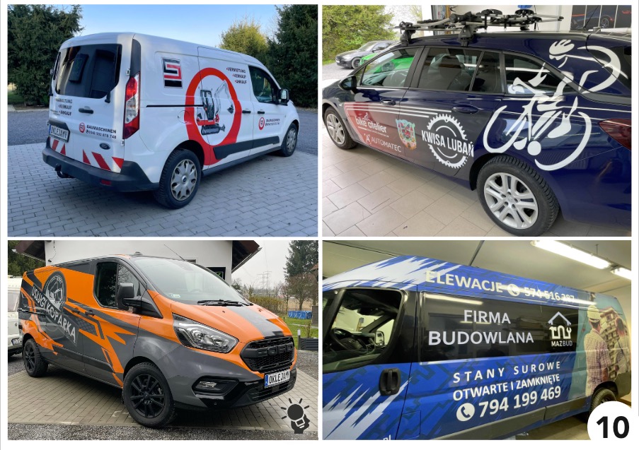 Kolaż czterech zdjęć pojazdów z reklamowymi okleinami: biały van z grafiką koparki, granatowe kombi z rowerem i logo, szary bus z pomarańczowymi akcentami i logo oraz niebieski van z reklamą firmy...