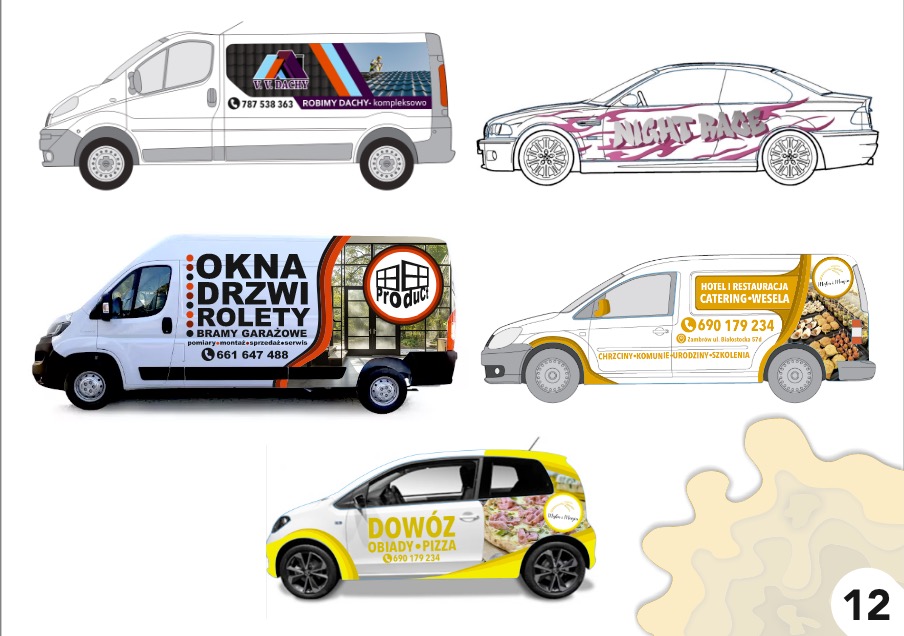 Zestawienie wizualizacji oklejonych samochodów z różnymi projektami graficznymi, w tym reklamy usług dekarskich, stolarki okiennej i drzwiowej, cateringu oraz pizzy na dowóz.