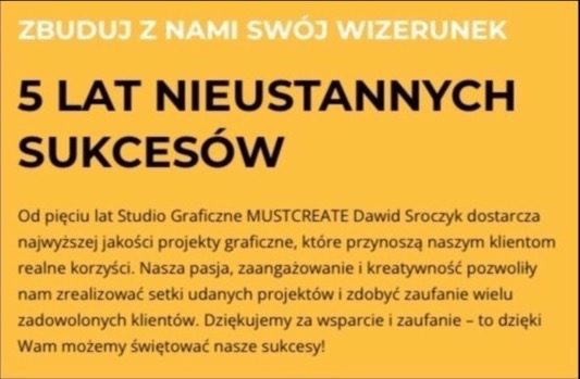 Grafika reklamowa studia graficznego MUSTCREATE z Markowej, świętującego 5 lat sukcesów w dostarczaniu wysokiej jakości projektów graficznych.