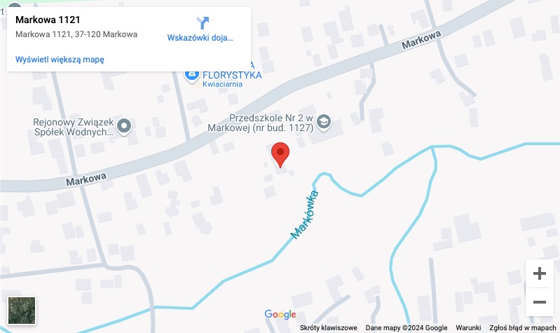 Mapa miejscowości Markowa z zaznaczoną lokalizacją w pobliżu Przedszkola Nr 2 i kwiaciarni Florystyka.