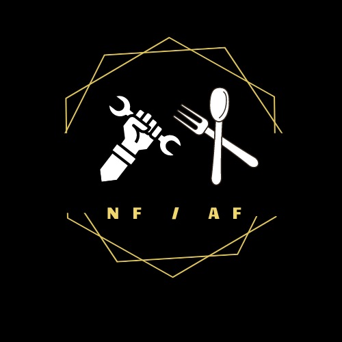 Grafika logo z ręką trzymającą klucz francuski i skrzyżowanymi sztućcami (łyżka i widelec) na czarnym tle w geometrycznej ramce, z napisem NF / AF.