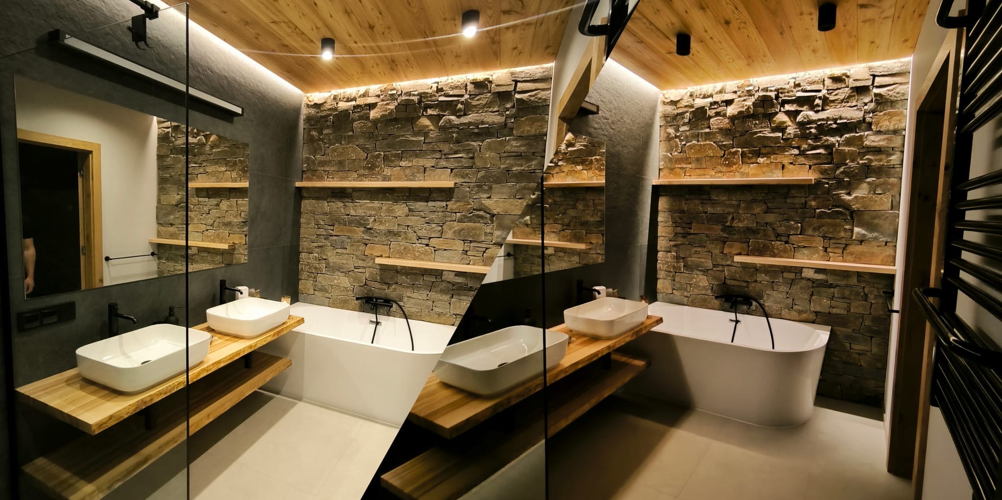 Nowoczesna łazienka z kamienną ścianą i drewnianym sufitem, oświetlona punktowo. Umywalki nablatowe i wanna tworzą spójną całość.