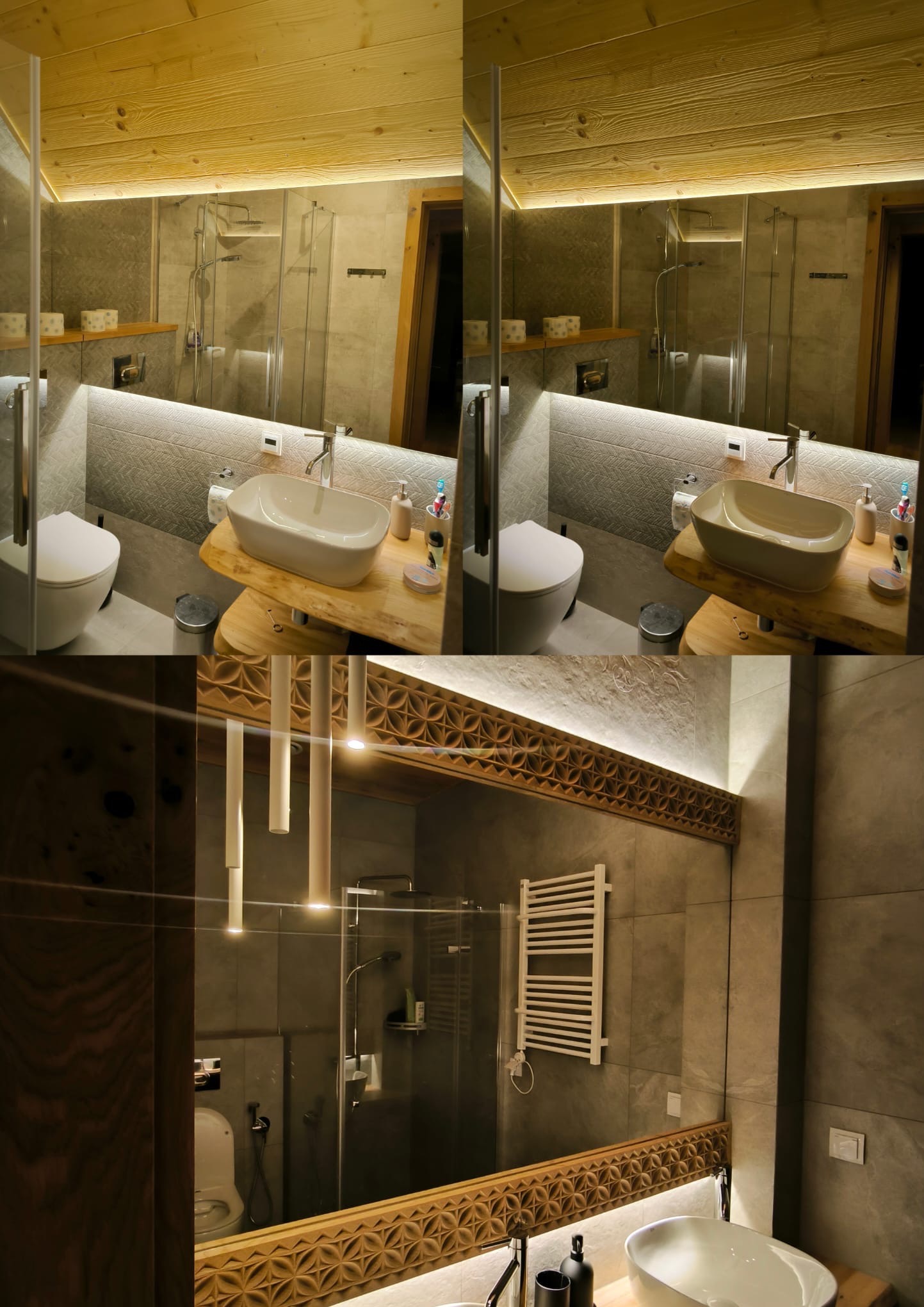 Nowoczesna łazienka z drewnianym sufitem i podświetlanym lustrem, widok na kabinę prysznicową i umywalkę na drewnianym blacie. Ciepłe oświetlenie.