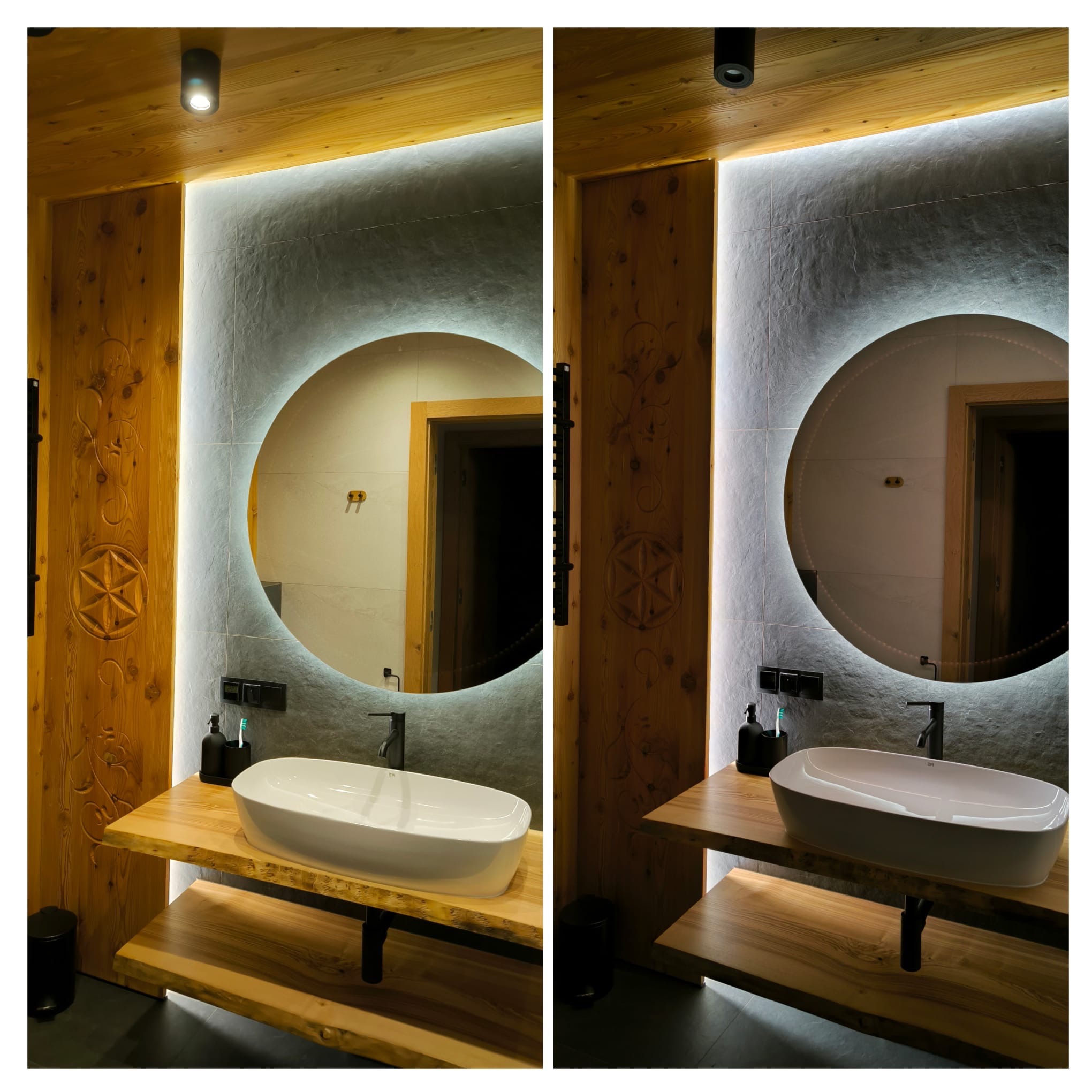 Nowoczesna łazienka w góralskim stylu: okrągłe lustro z podświetleniem LED, drewniane elementy z rzeźbieniami, umywalka nablatowa i punktowe oświetlenie sufitowe.