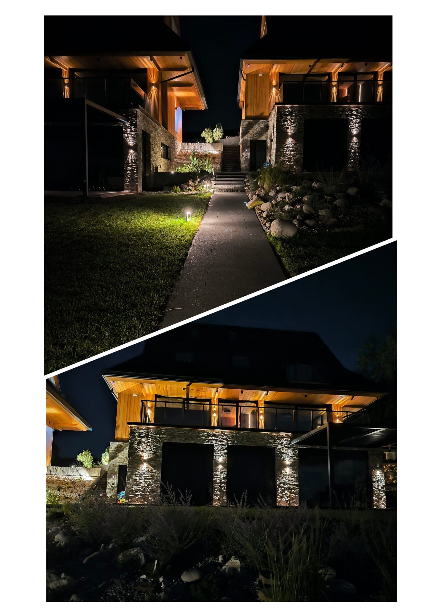 Nocny widok dwóch budynków z kamienną elewacją i drewnianymi elementami, oświetlonych punktowymi lampami. Ścieżka prowadzi między budynkami, oświetlona niskimi lampami.