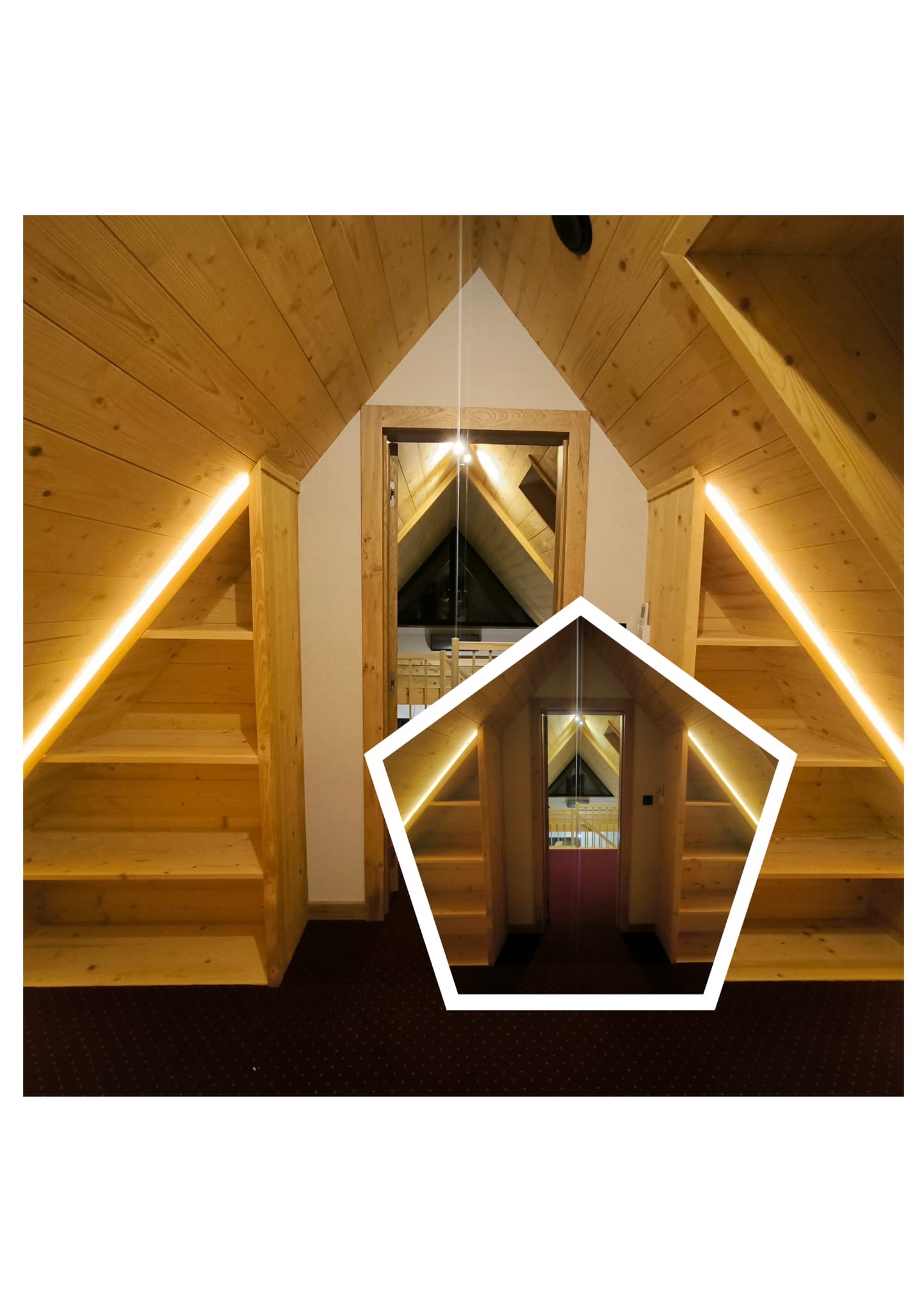 Drewniane schody na poddaszu z oświetleniem LED wzdłuż stopni i na półkach, widok na kolejne pomieszczenie przez drzwi w kształcie trapezu.