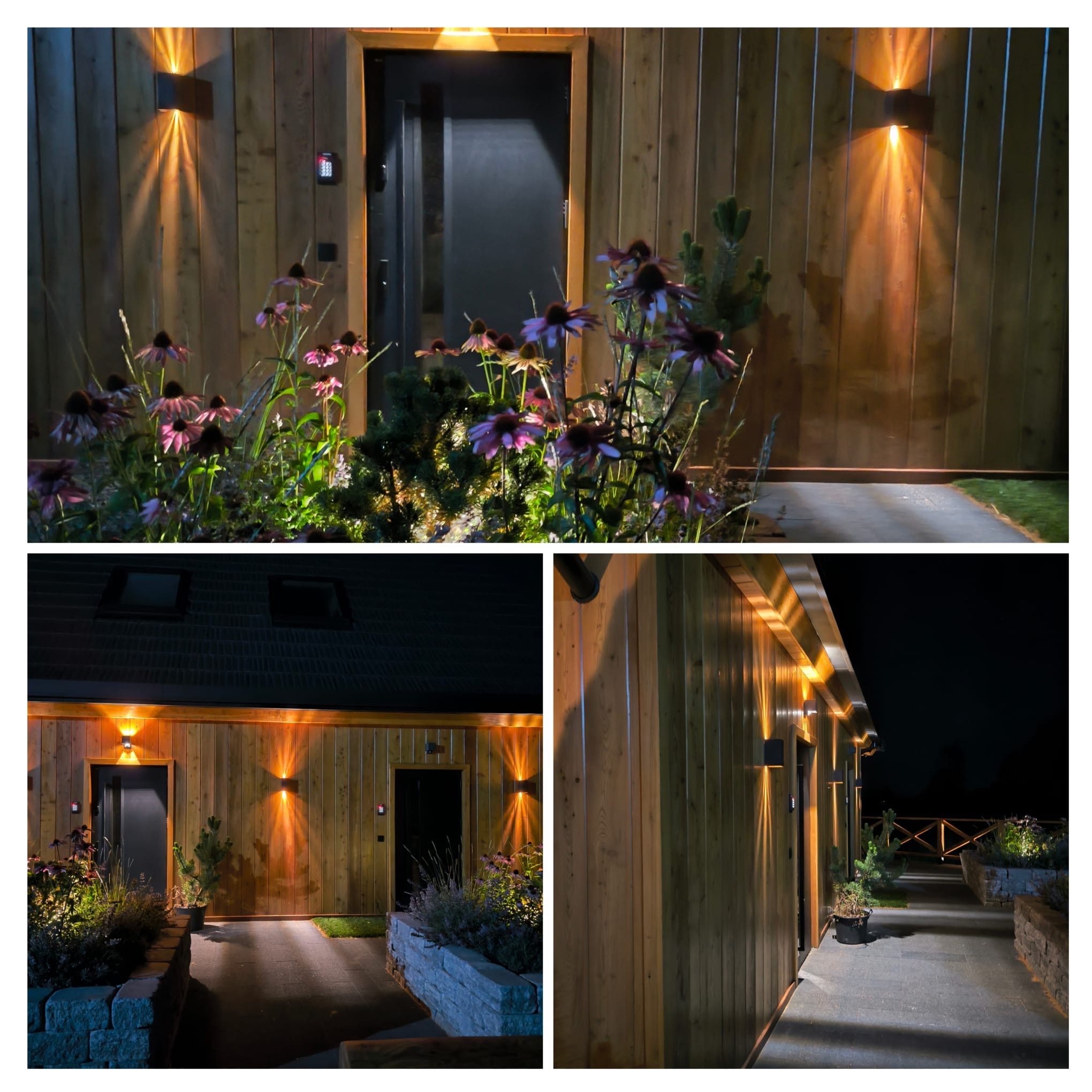 Nowoczesne oświetlenie elewacyjne budynku z drewnianą fasadą, z lampami emitującymi ciepłe światło, podkreślającymi roślinność i architekturę.