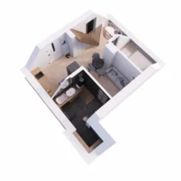 Rzut 3D mieszkania z łazienką z ciemną podłogą, salonem z szarą sofą i stołem, sypialnią z łóżkiem i pokojem dziecięcym z kołyską, całość w jasnej kolorystyce.