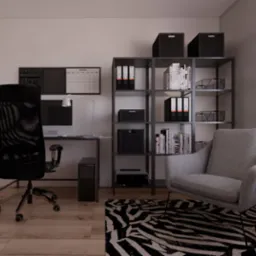 Wizualizacja domowego biura z czarnym biurkiem, krzesłem obrotowym z siatkowym oparciem, regałem z książkami i szarym fotelem na tle okna z żaluzjami.