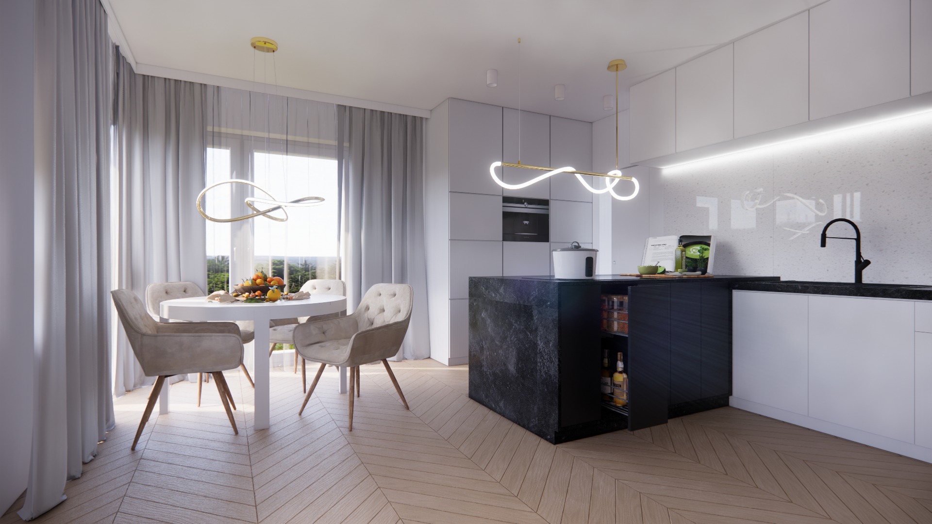 Wnętrze jasnej kuchni z jadalnią, okrągły stół z owocami, krzesła tapicerowane w stylu glamour, podłoga z parkietu ułożonego we wzór jodełki, wyspa kuchenna z czarnego marmuru, nowoczesne lampy...