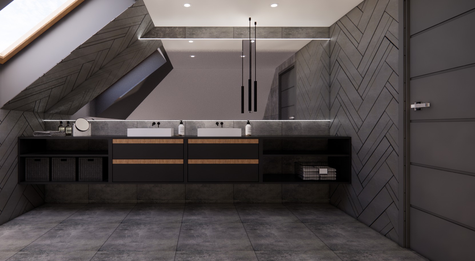 Nowoczesna łazienka w odcieniach szarości z podwójną umywalką nablatową, minimalistycznym oświetleniem LED i ścianą wykończoną wzorem jodełki.