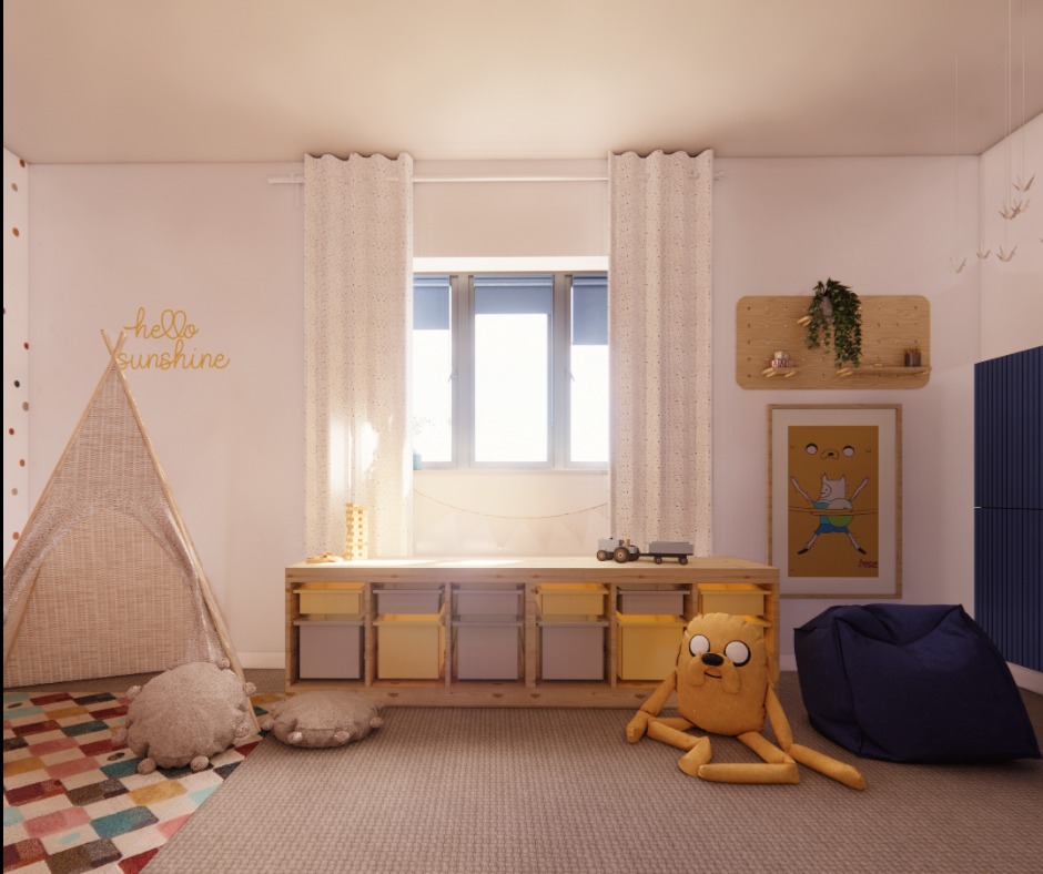 Pokój dziecięcy z tipi, regałem z kolorowymi pojemnikami, plakatem z bajki Adventure Time i pufą w kolorze granatowym.