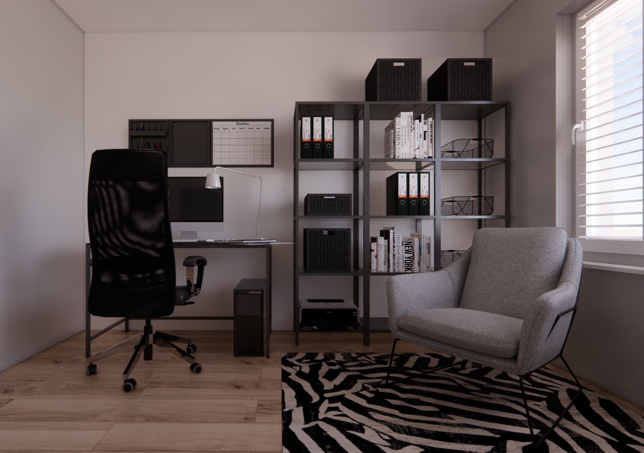 Wizualizacja domowego biura z czarnym biurkiem, krzesłem obrotowym z siatkowym oparciem, regałem z książkami i szarym fotelem na tle okna z żaluzjami.