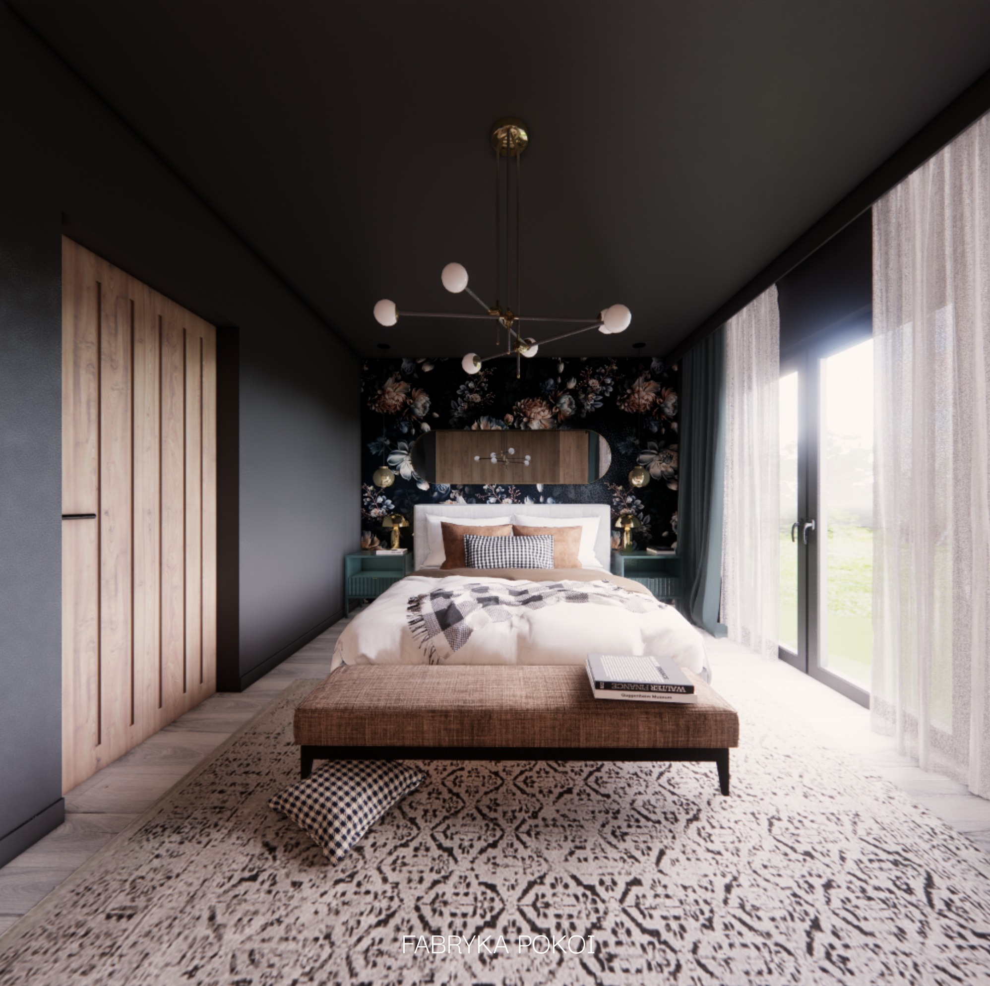 Sypialnia z ciemnymi ścianami i wzorzystą tapetą za łóżkiem, oświetlona nowoczesną lampą wiszącą. Na łóżku biała pościel i pled w kratę. Przed łóżkiem tapicerowana ławka z książką. Dywan...