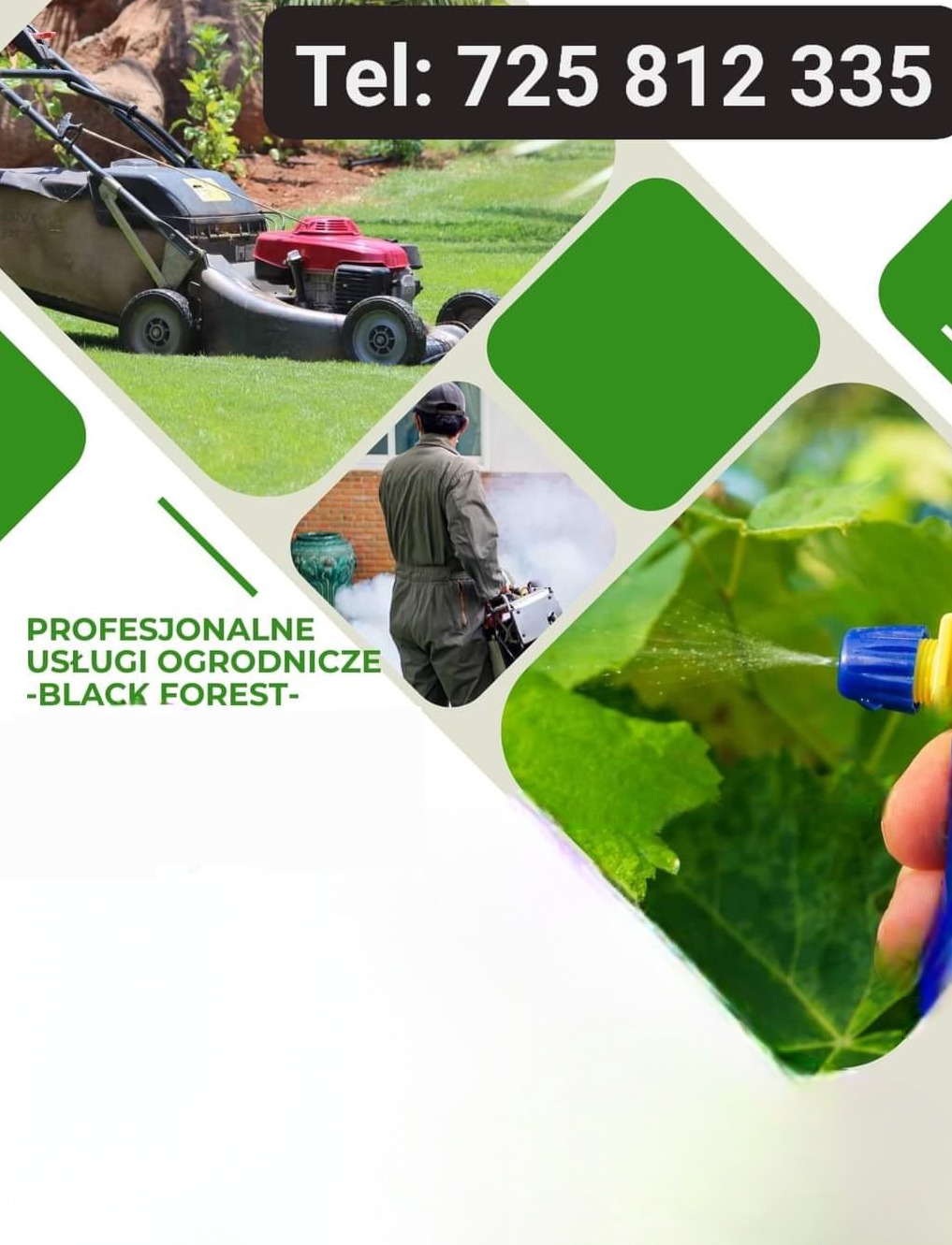 Profesjonalne usługi ogrodnicze: koszenie trawy, opryski roślin, pielęgnacja. Kontakt telefoniczny widoczny na grafice.