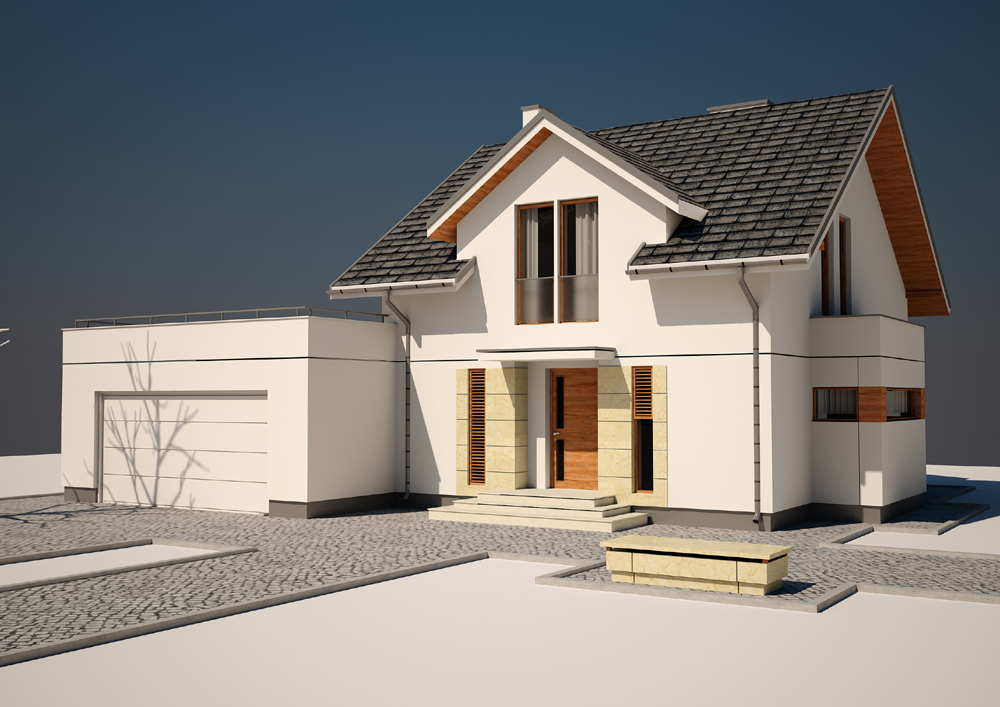 Wizualizacja nowoczesnego, białego domu jednorodzinnego z garażem, szarą dachówką i drewnianymi akcentami na elewacji, otoczonego brukowanym podjazdem i minimalistyczną ławką.