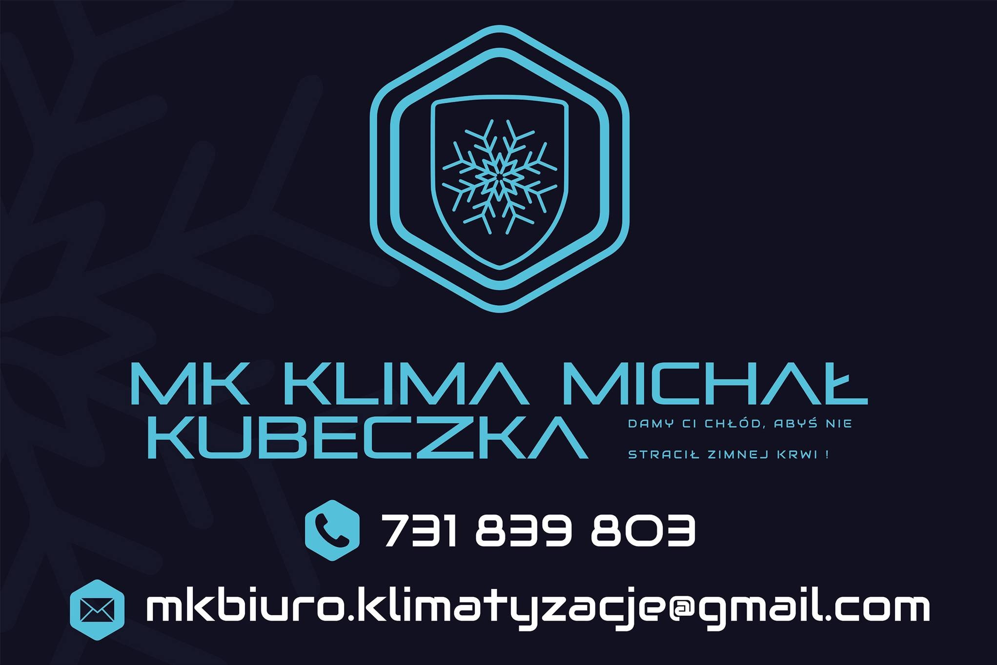 Logo firmy MK Klima Michał Kubeczka z ikoną płatka śniegu w heksagonalnej ramce, numerem telefonu i adresem e-mail na ciemnoniebieskim tle.