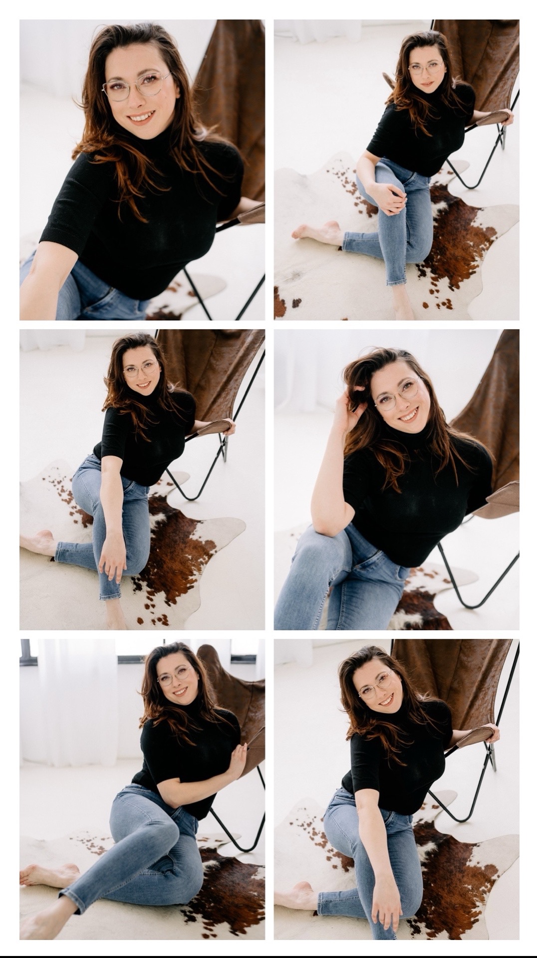 Portret kobiety w okularach, czarnym golfie i jeansach, siedzącej na podłodze z imitacją skóry zwierzęcej obok skórzanego fotela motylkowego. Jasne, minimalistyczne tło.