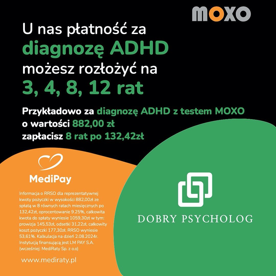 Grafika reklamowa oferująca płatność ratalną za diagnozę ADHD z testem MOXO, z logo MOXO i MediPay oraz napisem 'Dobry Psycholog'.