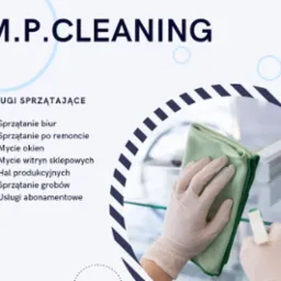 Reklama firmy M.P.CLEANING oferującej usługi sprzątające, w tym sprzątanie biur, po remoncie, mycie okien i witryn sklepowych, hal produkcyjnych, sprzątanie grobów oraz usługi abonamentowe.