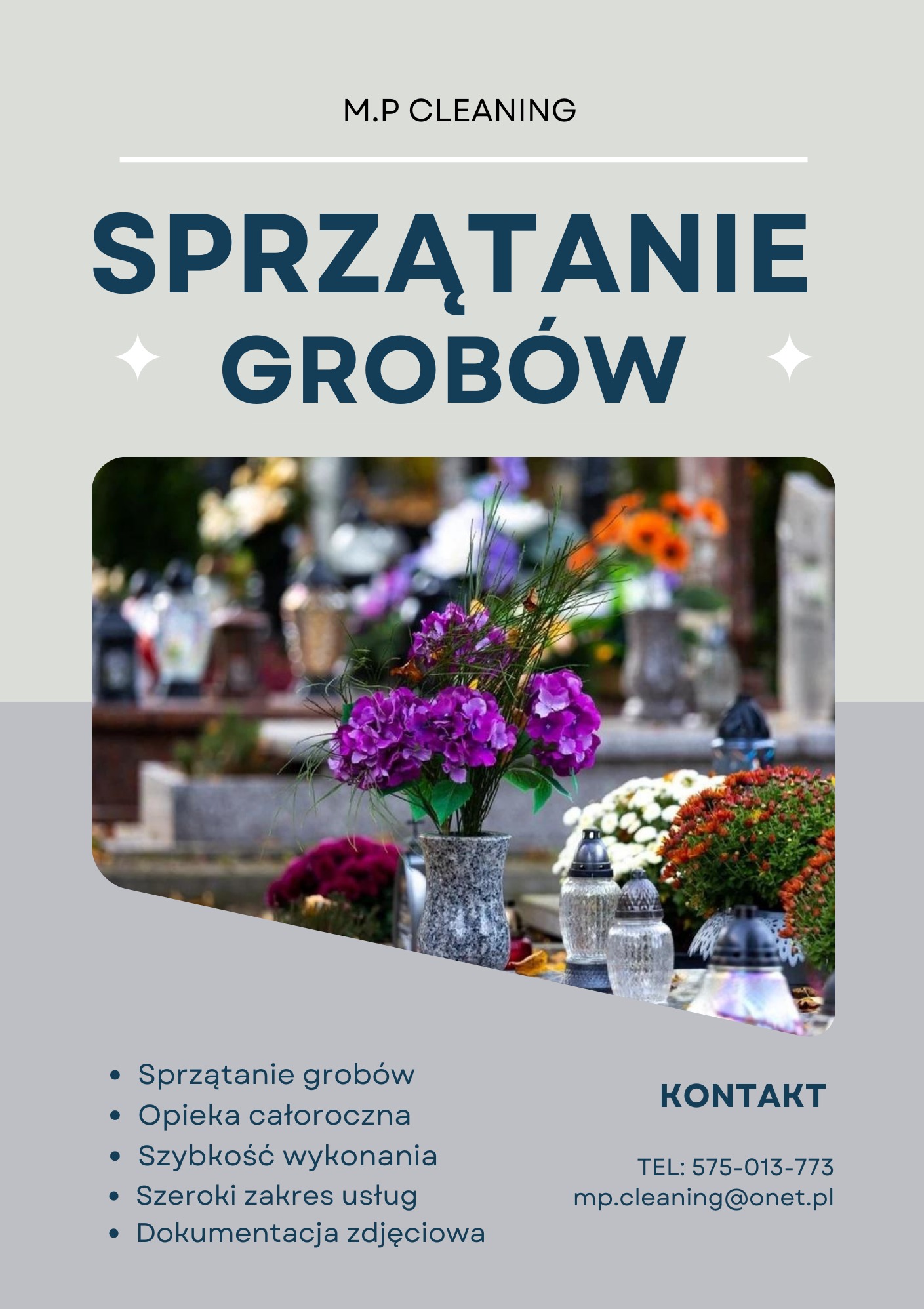 Grafika reklamowa usług sprzątania grobów: fioletowe kwiaty w granitowym wazonie, znicze i chryzantemy na nagrobku w tle.