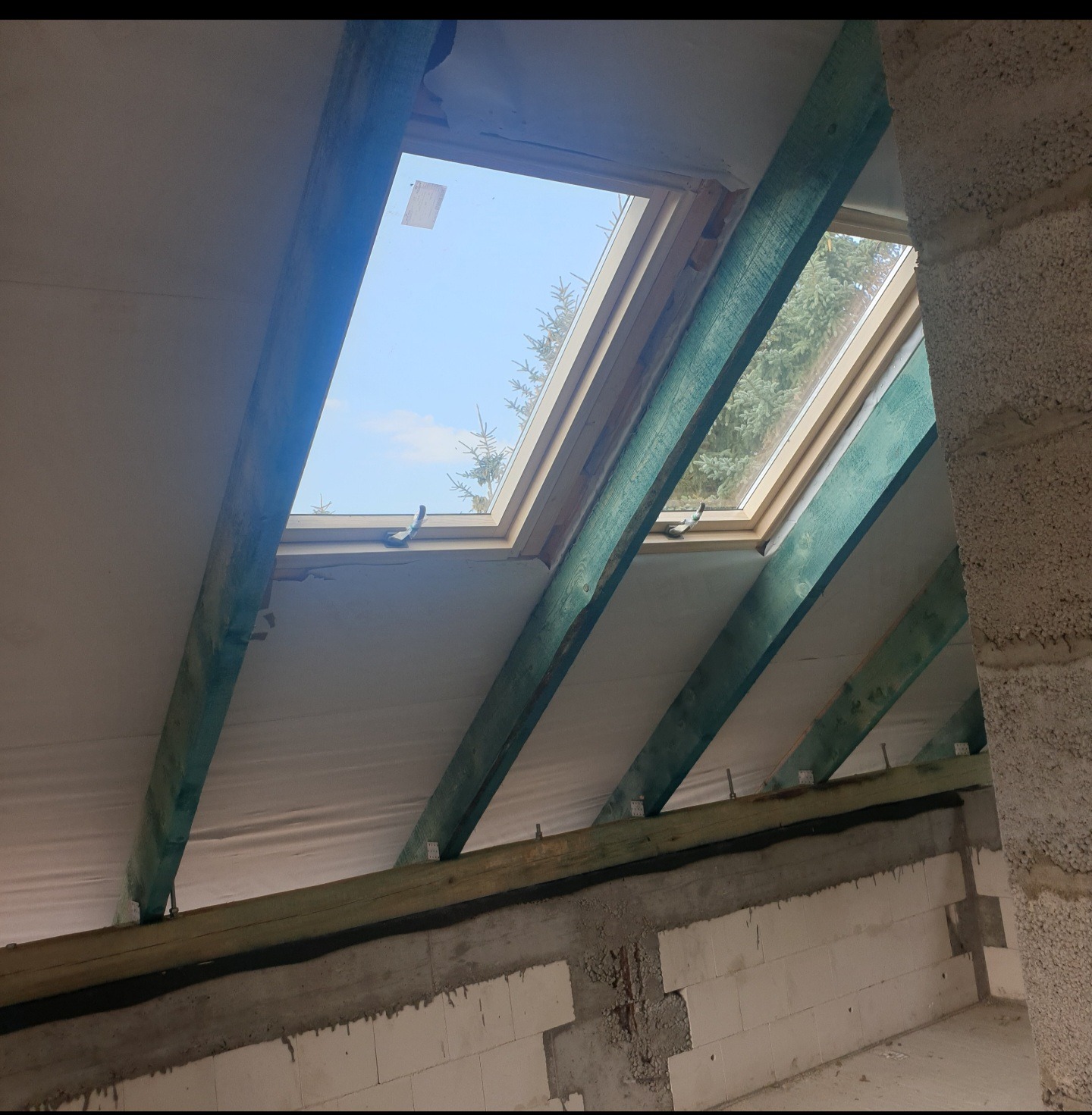 Poddasze w trakcie adaptacji z widocznymi krokwiami pomalowanymi na zielono, oknami połaciowymi z widokiem na drzewa i niebo, oraz surowymi ścianami z betonu komórkowego.