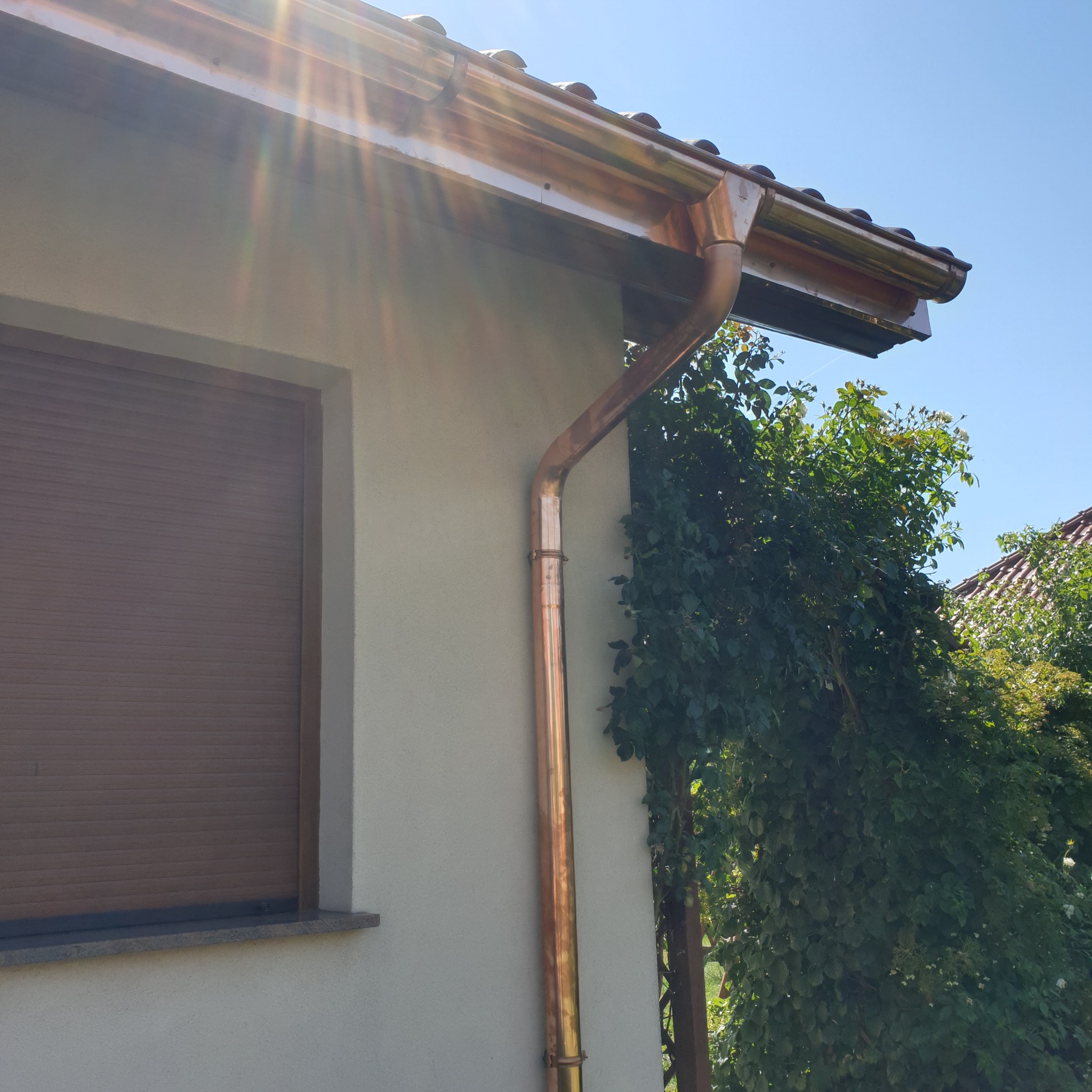 Błyszcząca, miedziana rynna pionowa i pozioma, zamontowana na elewacji domu z brązowymi roletami okiennymi, w tle zieleń drzew i fragment dachu sąsiedniego budynku.