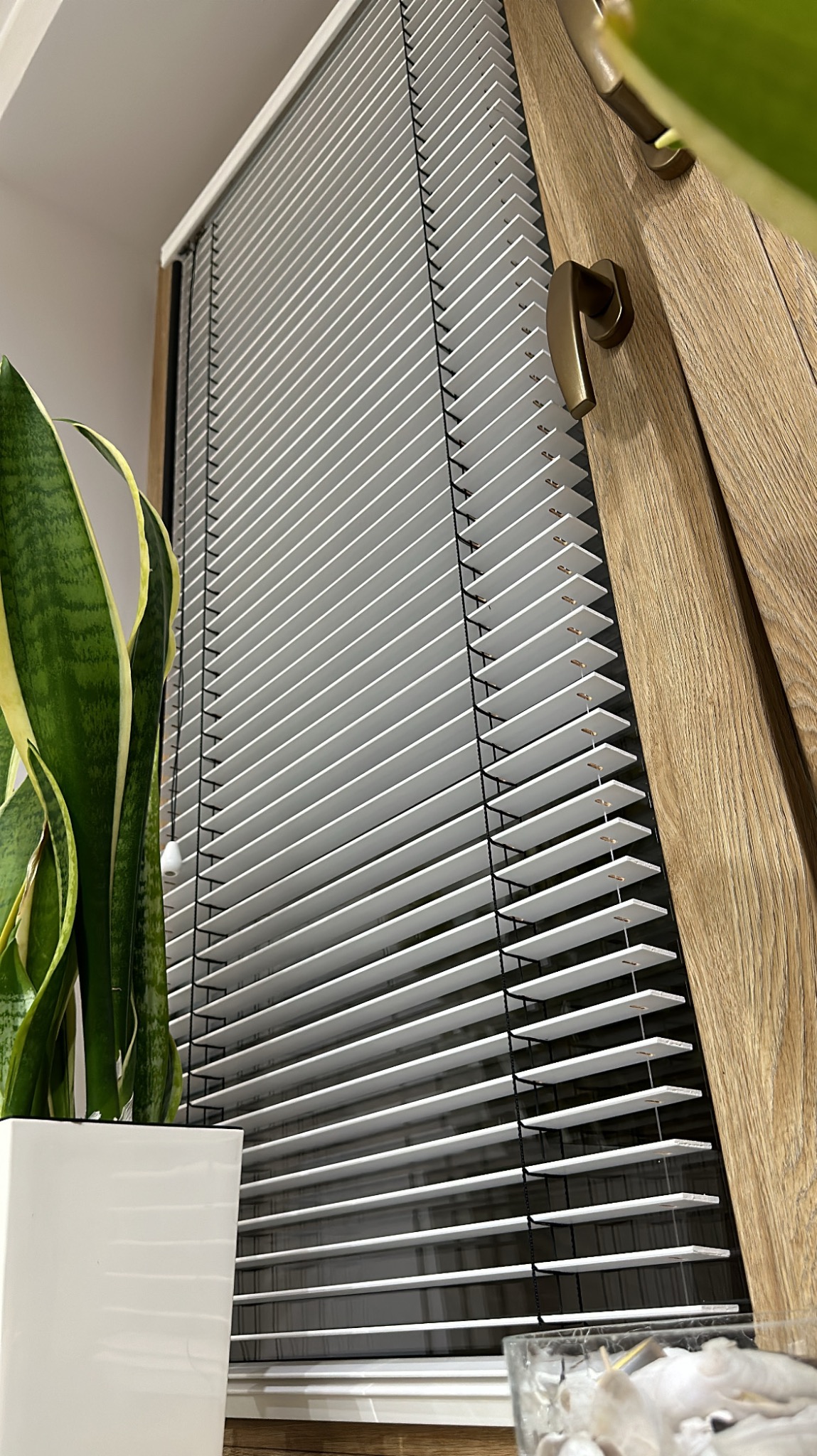 Żaluzje drewniane 25mm Kolor biały wraz z czarnymi dodatkami