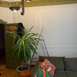 Oskar Żemojdzin - Ściana po malowaniu z dekoracyjną sztukaterią, drabina oparta o ścianę, widoczny fragment sofy i rośliny doniczkowej. Oświetlenie sufitowe w stylu retro.