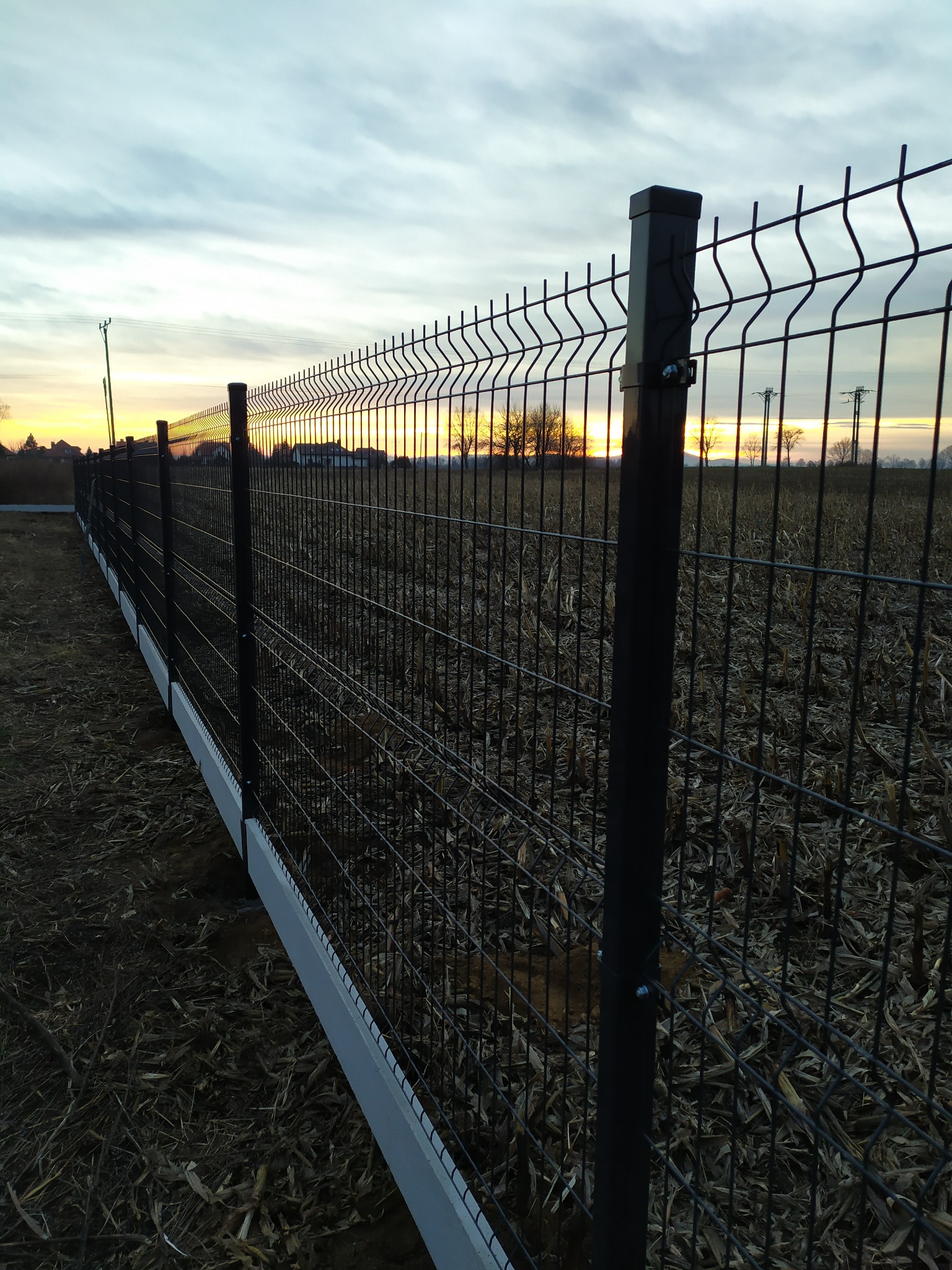 Długi, czarny płot z paneli na betonowej podmurówce, rozciągający się wzdłuż pola z resztkami po żniwach, widok na zachodzące słońce w tle.